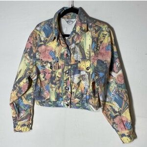 Vintage Opal By Lorraine Wardy Graphic Print Oversized Cropped Denim Jacket M